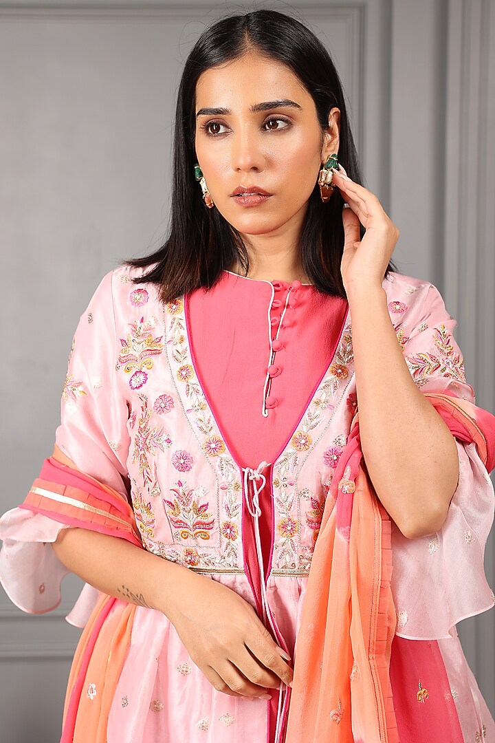 Baby Pink Silk Organza Thread Embroidered Jacket Set by House of Supriya at Pernia's Pop Up Shop