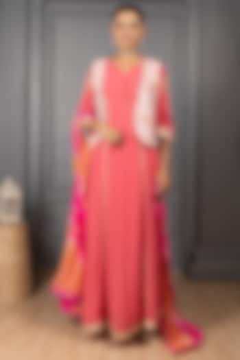 Peach Red Silk Georgette Thread Embroidered Kalidar Wedding Anarkali Set by House of Supriya at Pernia's Pop Up Shop