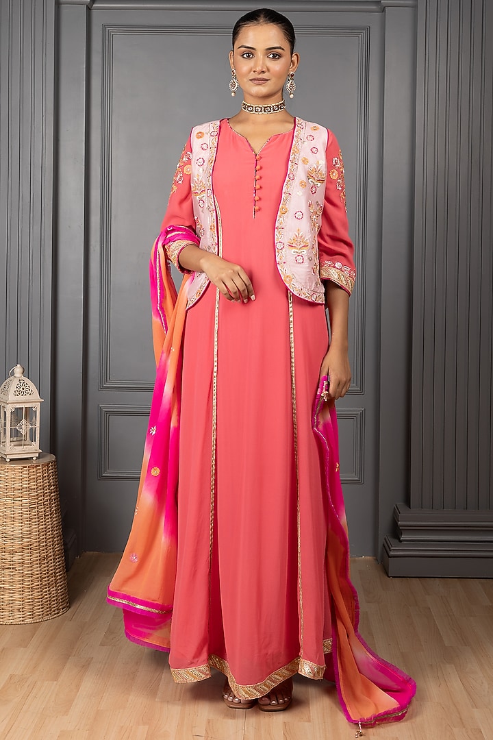 Peach Red Silk Georgette Thread Embroidered Kalidar Wedding Anarkali Set by House of Supriya at Pernia's Pop Up Shop