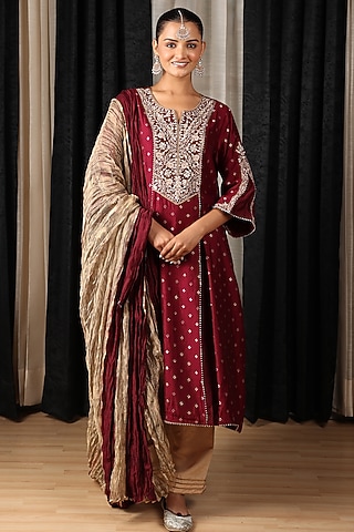 Maroon Banarasi Chanderi Hand & Machine Embroidered Kurta Set by House of Supriya