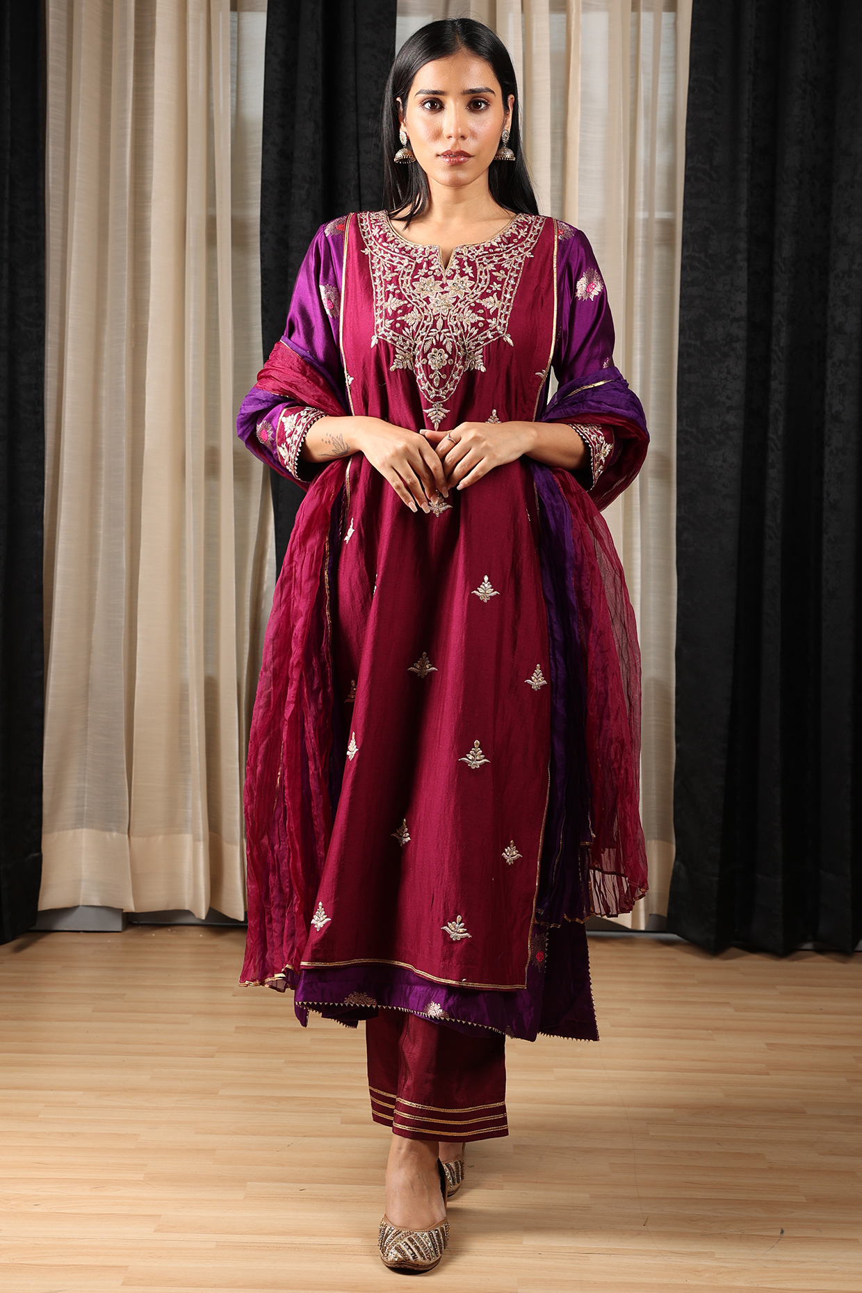 Maroon & Purple Banarasi Silk Hand Embroidered Kurta Set by House of Supriya at Pernia's Pop Up Shop