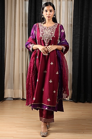 Maroon & Purple Banarasi Silk Hand Embroidered Kurta Set by House of Supriya