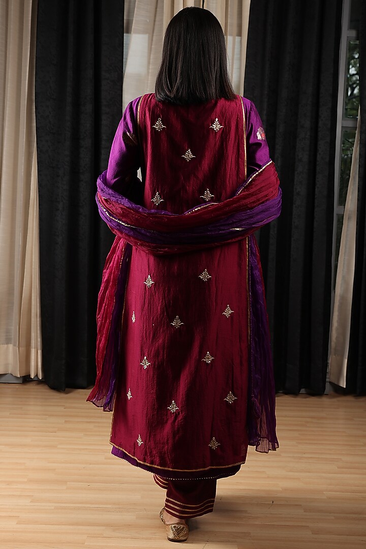 Maroon & Purple Banarasi Silk Hand Embroidered Kurta Set by House of Supriya at Pernia's Pop Up Shop