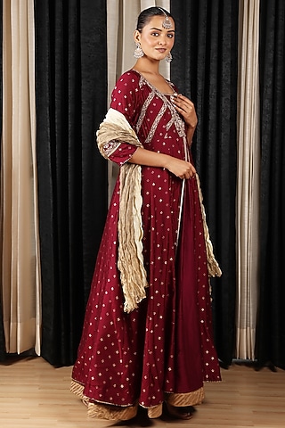 Maroon Banarasi Chanderi Machine Embroidered Anarkali Set by House of Supriya