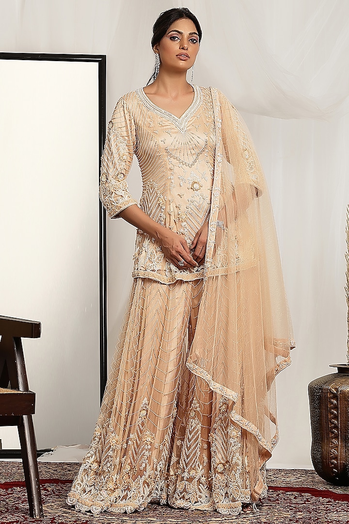 Peach Shimmer Net Pearl Embroidered Sharara Set by House of Supriya at Pernia's Pop Up Shop