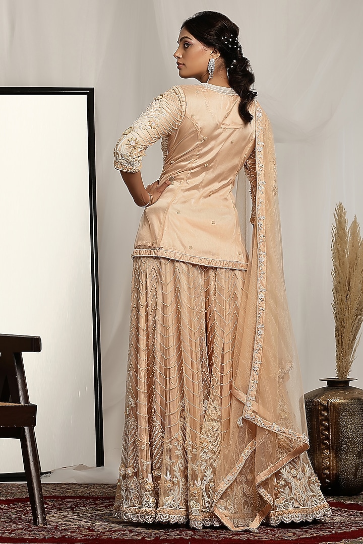 Peach Shimmer Net Pearl Embroidered Bridal Sharara Set by House of Supriya at Pernia's Pop Up Shop