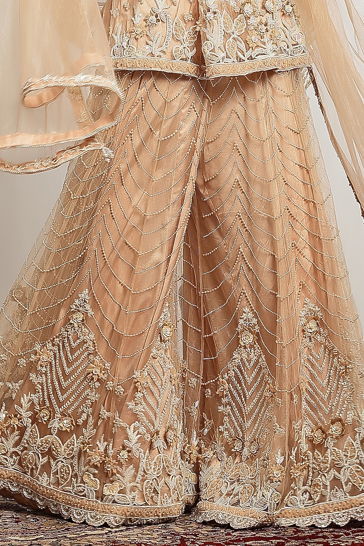 Peach Shimmer Net Pearl Embroidered Bridal Sharara Set by House of Supriya at Pernia's Pop Up Shop