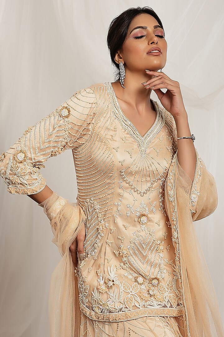 Peach Shimmer Net Pearl Embroidered Bridal Sharara Set by House of Supriya at Pernia's Pop Up Shop