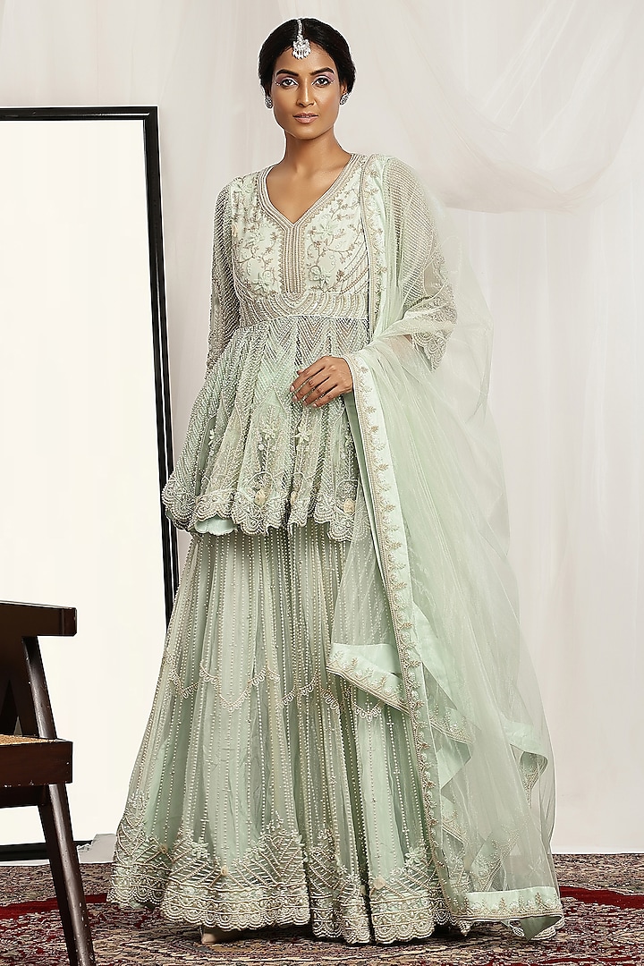 Sea Green Shimmer Net Pearl Embroidered Sharara Set by House of Supriya at Pernia's Pop Up Shop