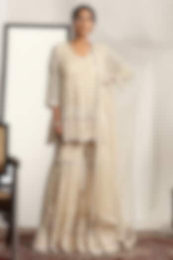 Ivory Shimmer Net Pearl Embroidered Gharara Set by House of Supriya at Pernia's Pop Up Shop