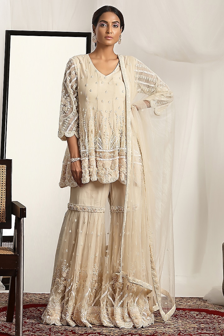 Ivory Shimmer Net Pearl Embroidered Gharara Set by House of Supriya at Pernia's Pop Up Shop