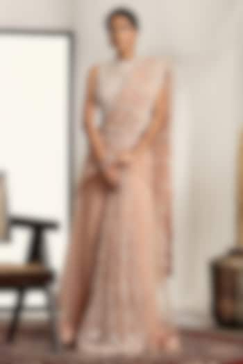 Salmon Pink Shimmer Net Pearl & Bead Embroidered Pre-Stitched Saree Set by House of Supriya at Pernia's Pop Up Shop