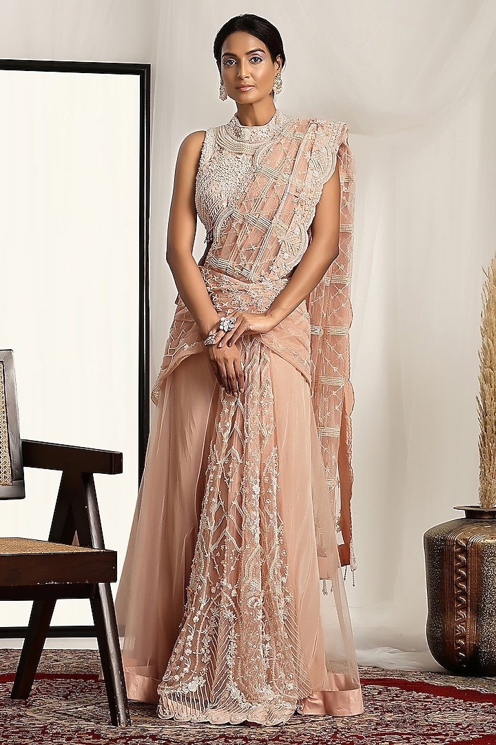 Salmon Pink Shimmer Net Pearl & Bead Embroidered Pre-Stitched Saree Set by House of Supriya at Pernia's Pop Up Shop