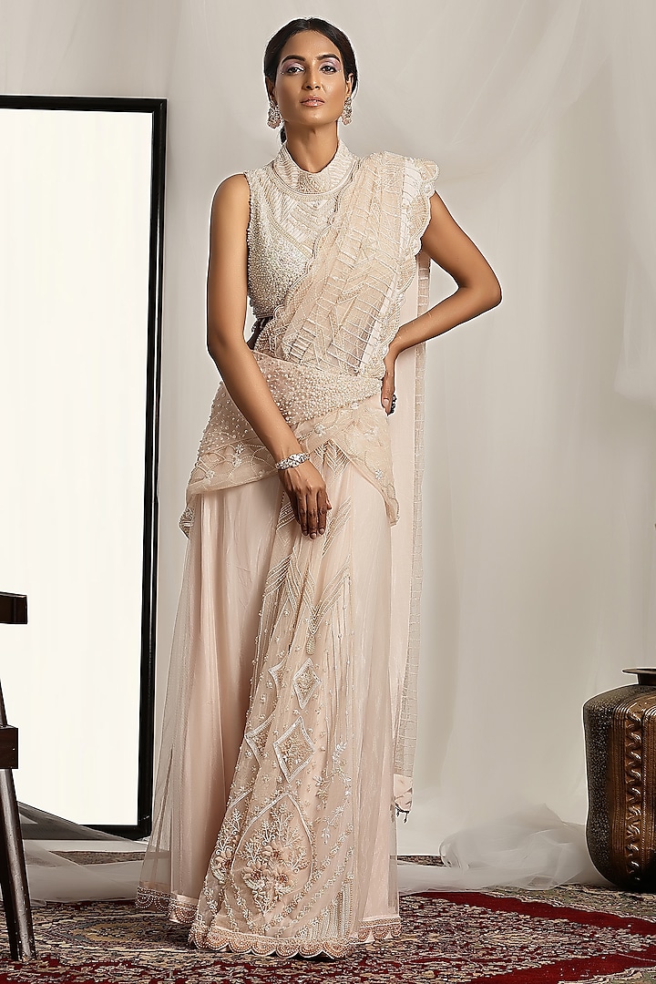 Light Pink Shimmer Net Pearl & Bead Embroidered Pre-Stitched Saree Set by House of Supriya at Pernia's Pop Up Shop