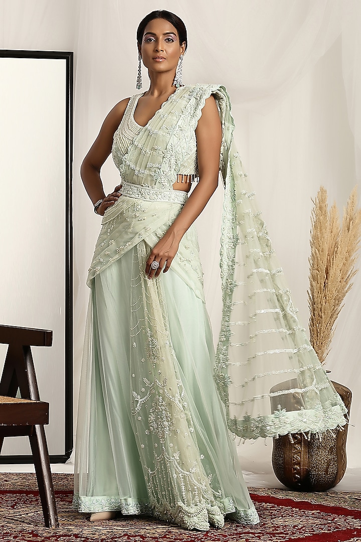 Sea Green Shimmer Net Pearl & Bead Embroidered Pre-Stitched Saree Set by House of Supriya at Pernia's Pop Up Shop