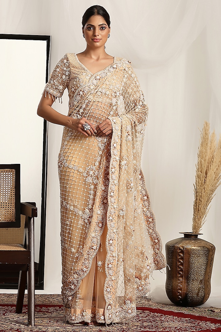 Peach Shimmer Net Pearl & Bead Embroidered Saree Set by House of Supriya at Pernia's Pop Up Shop