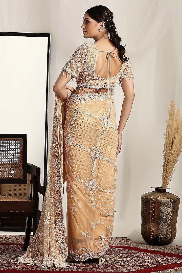 Peach Shimmer Net Pearl & Bead Embroidered Reception Saree Set by House of Supriya at Pernia's Pop Up Shop