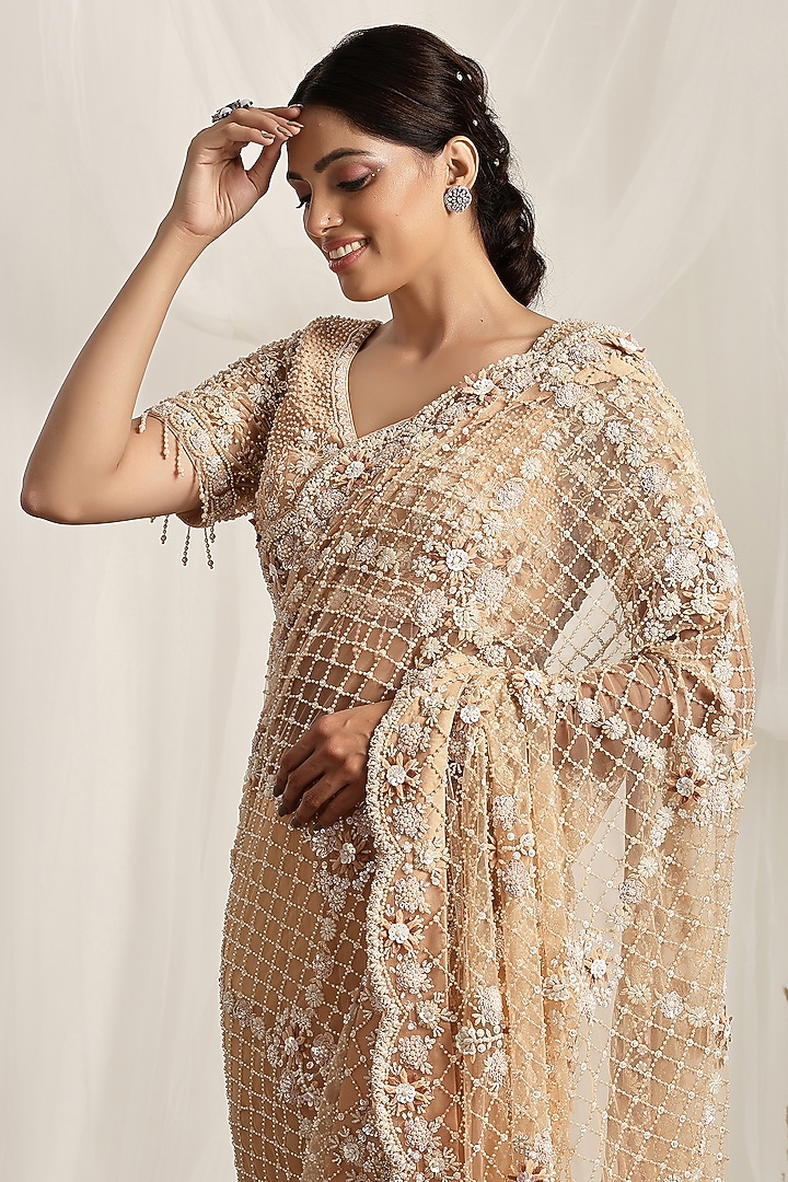Peach Shimmer Net Pearl & Bead Embroidered Reception Saree Set by House of Supriya at Pernia's Pop Up Shop