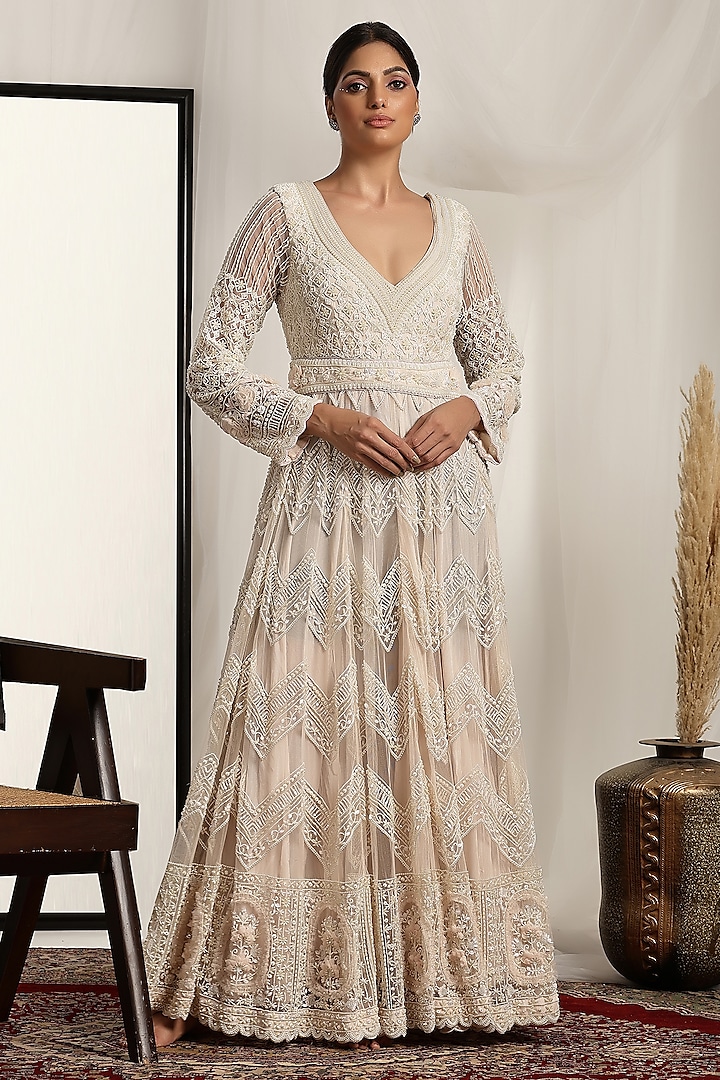 Ivory Shimmer Net Pearl & Bead Embroidered Gown by House of Supriya at Pernia's Pop Up Shop