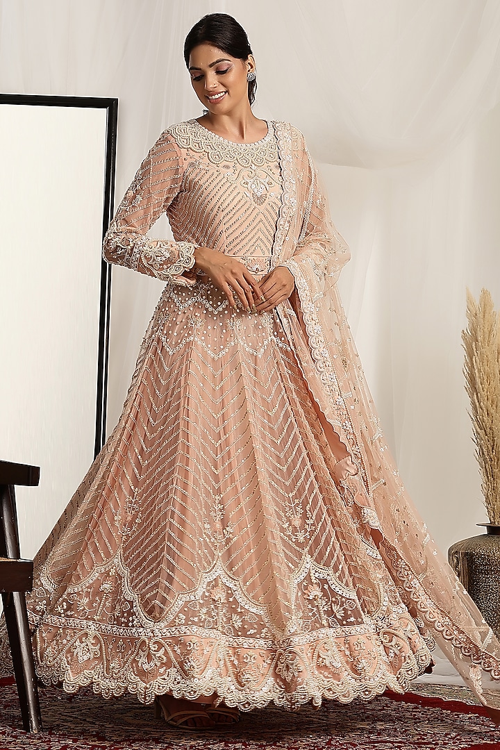 Salmon Pink Shimmer Net Pearl & Bead Embroidered Anarkali Set by House of Supriya at Pernia's Pop Up Shop