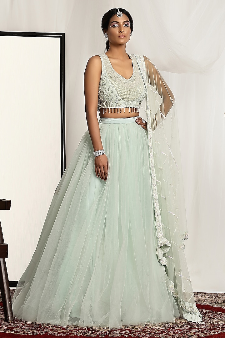 Sea Green Shimmer Net Wedding Lehenga Set by House of Supriya at Pernia's Pop Up Shop