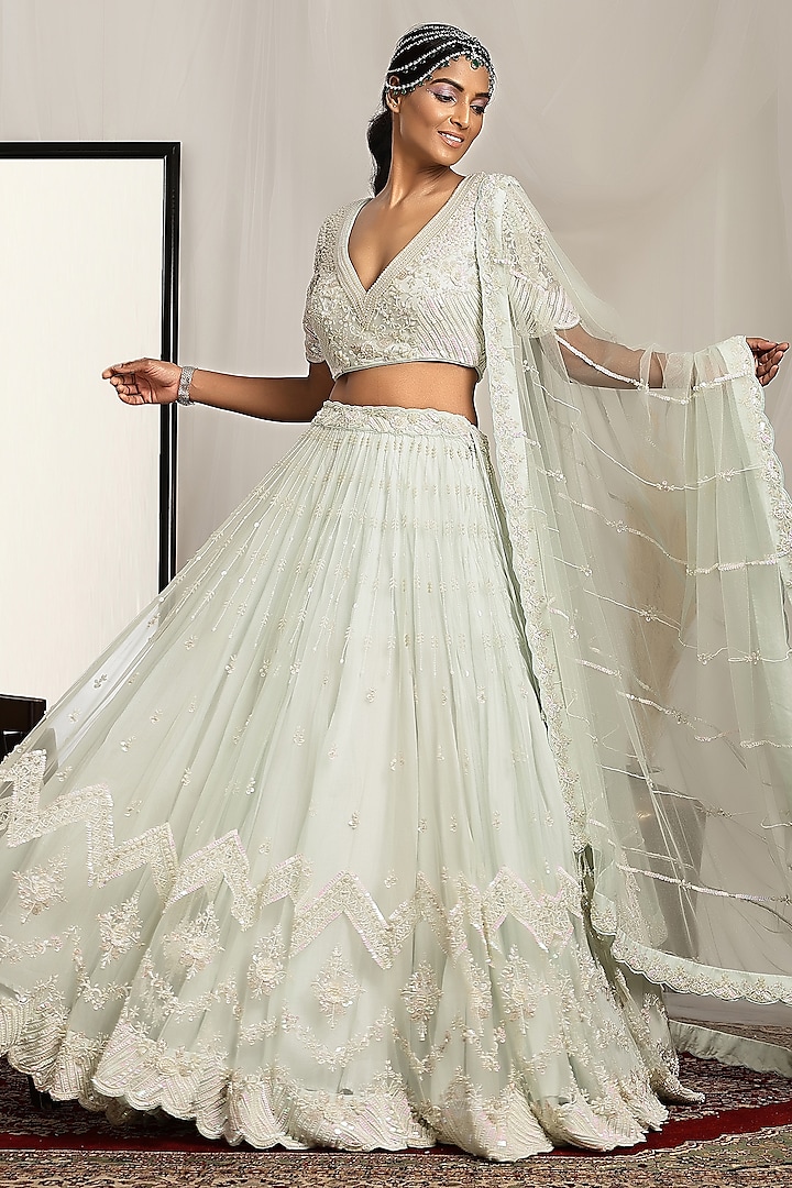 Sea Green Shimmer Net Pearl & Bead Embroidered Bridal Lehenga Set by House of Supriya at Pernia's Pop Up Shop