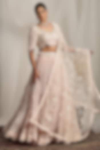 Baby Pink Shimmer Net Pearl & Bead Embroidered Bridal Lehenga Set by House of Supriya at Pernia's Pop Up Shop