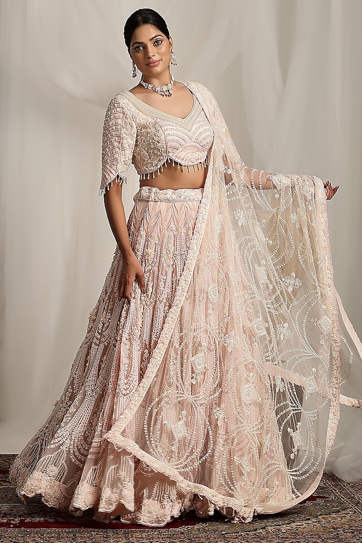 Baby Pink Shimmer Net Pearl & Bead Embroidered Bridal Lehenga Set by House of Supriya at Pernia's Pop Up Shop