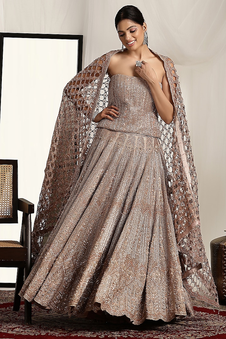 Rose Gold Tissue Pearl & Bead Embroidered Bridal Lehenga Set by House of Supriya at Pernia's Pop Up Shop