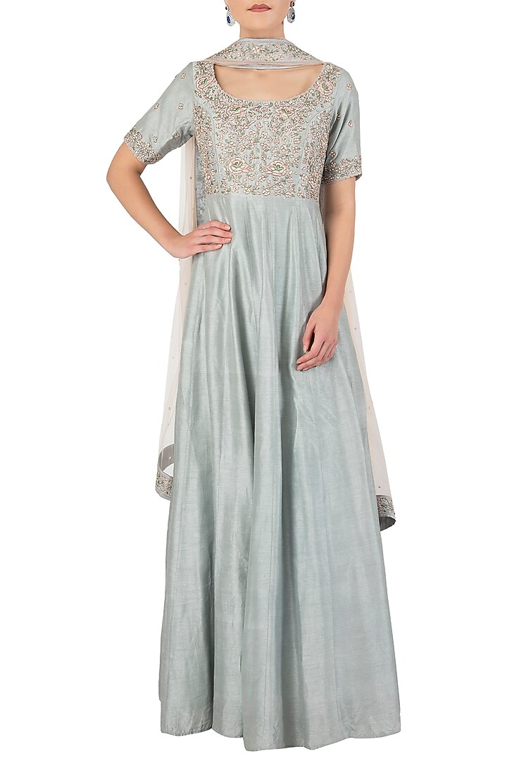 Powder blue embroidered anarkali set available only at Pernia's Pop Up Shop.