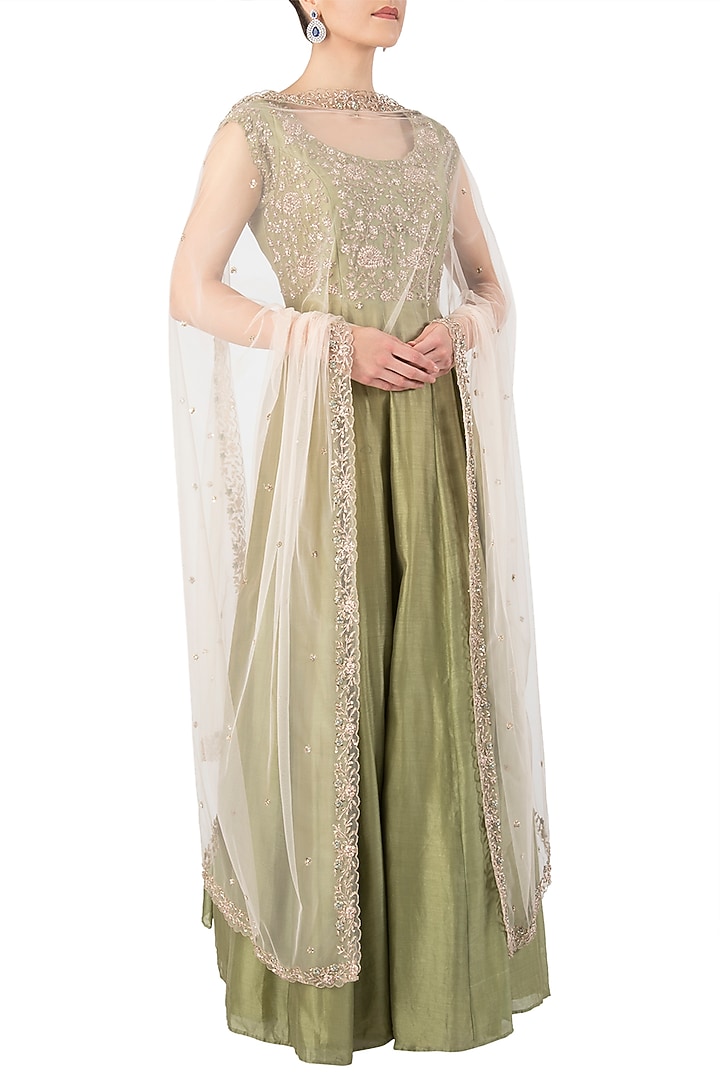 Olive green embroidred anarkali set available only at Pernia's Pop Up Shop.