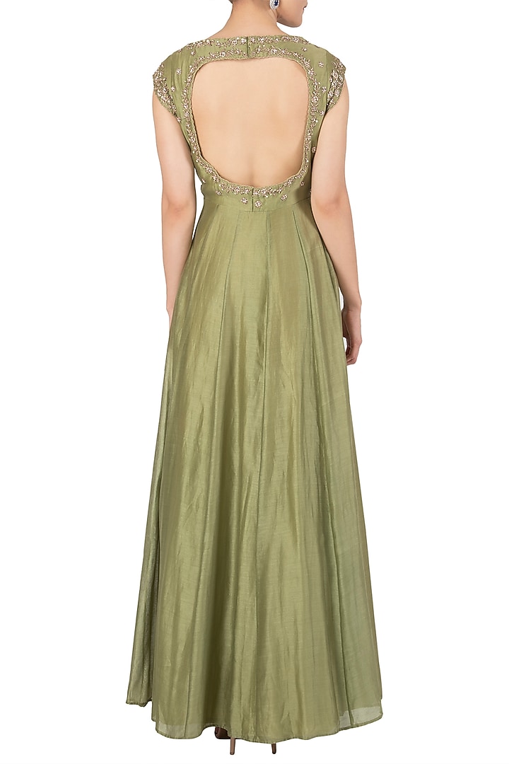 Olive green embroidred anarkali set available only at Pernia's Pop Up Shop.