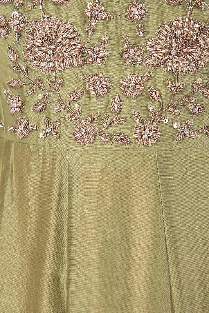 Olive green embroidred anarkali set available only at Pernia's Pop Up Shop.