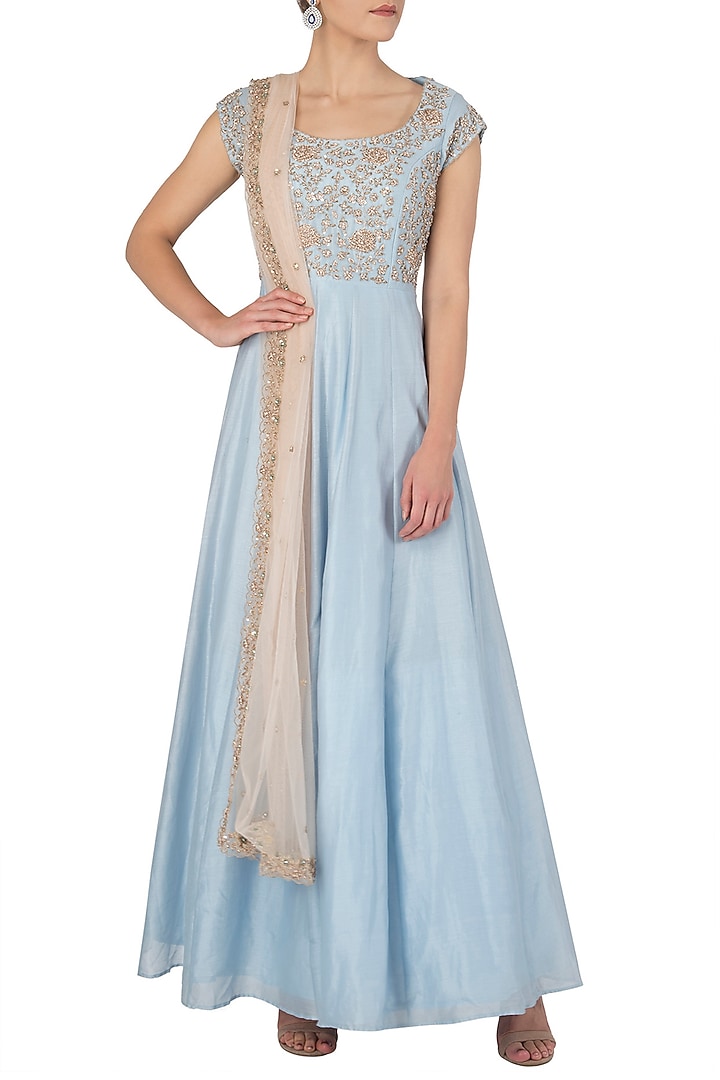 Powder blue embellished anarkali set available only at Pernia's Pop Up Shop.