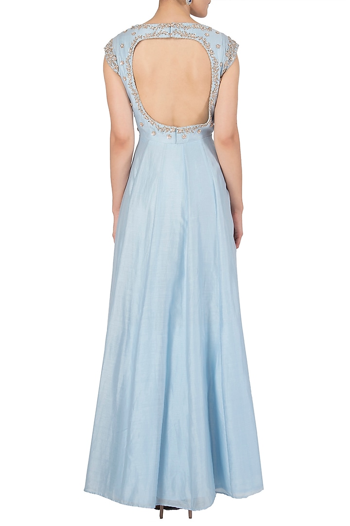 Powder blue embellished anarkali set available only at Pernia's Pop Up Shop.