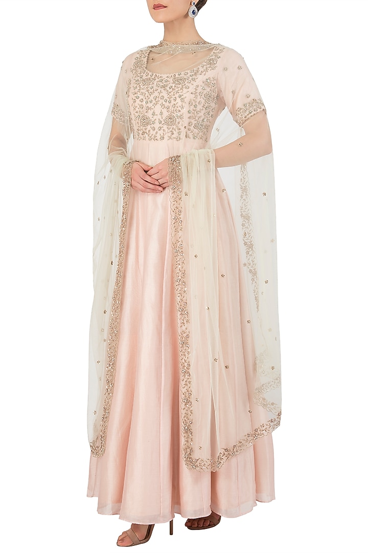 Salmon pink embellished anarkali set available only at Pernia's Pop Up Shop.