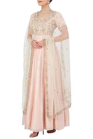Salmon Pink Embellished Anarkali Set by Himani And Anjali Shah
