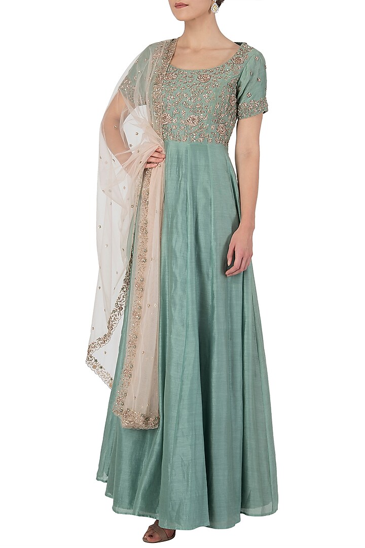 Sea green embroidered anarkali set available only at Pernia's Pop Up Shop.