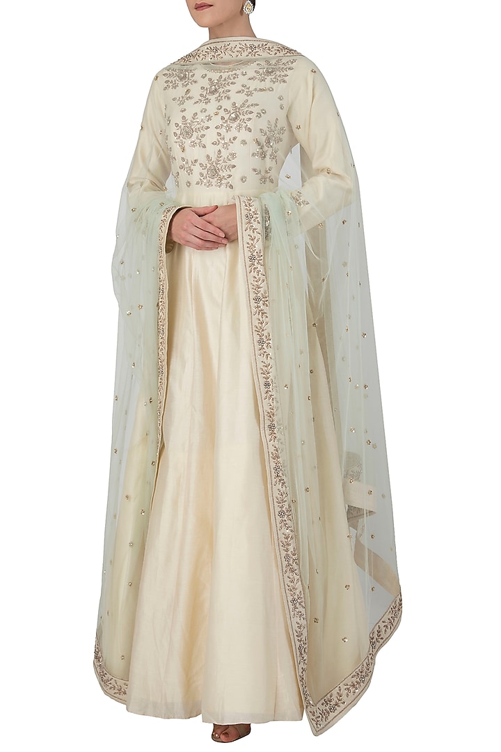Lemon yellow embroidered anarkali set available only at Pernia's Pop Up Shop.