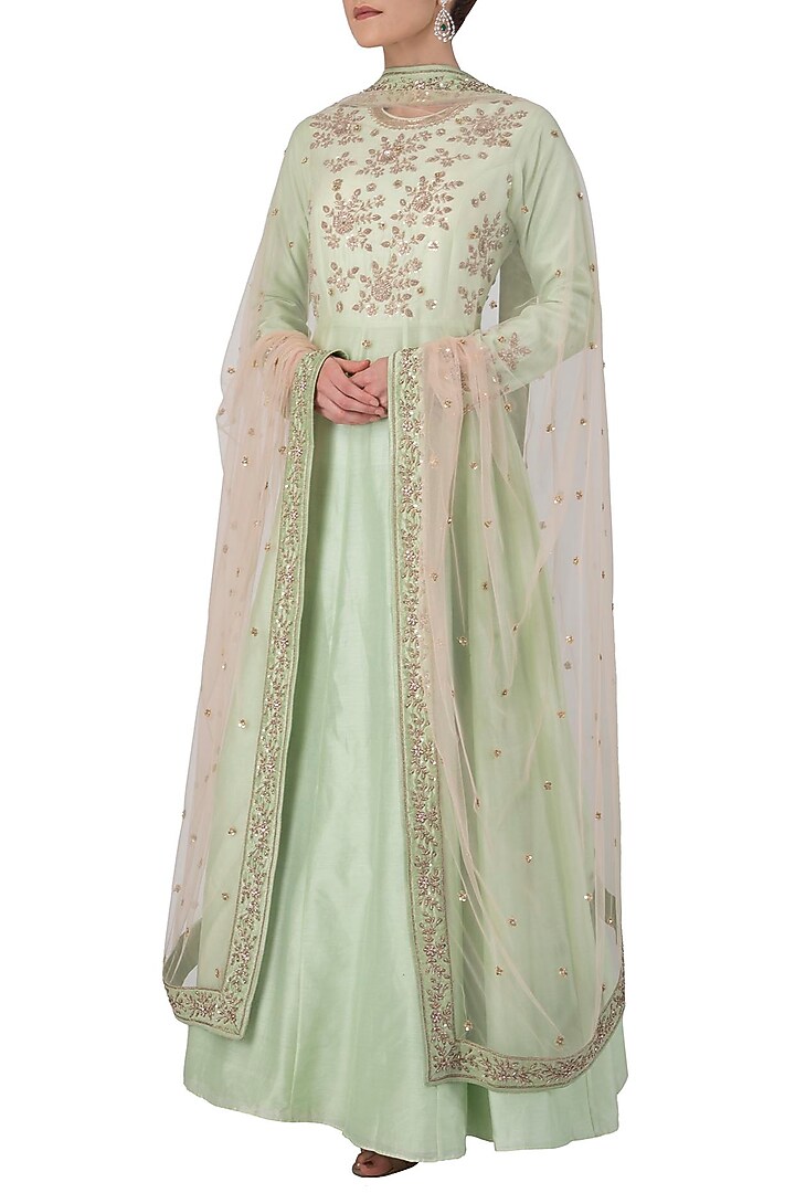Mint green embroidered anarkali set available only at Pernia's Pop Up Shop.