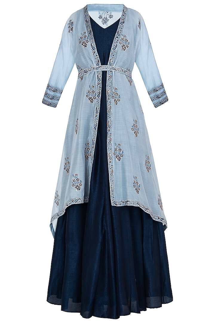 Navy Blue Embroidered Anarkali Gown with Ice Blue Jacket and Belt by Himani And Anjali Shah