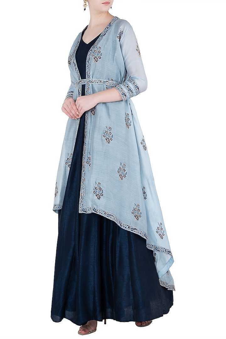 Navy blue embroidered anarkali gown with ice blue jacket and belt available only at Pernia's Pop Up Shop.