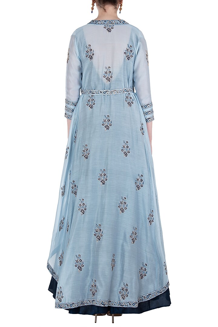 Navy blue embroidered anarkali gown with ice blue jacket and belt available only at Pernia's Pop Up Shop.