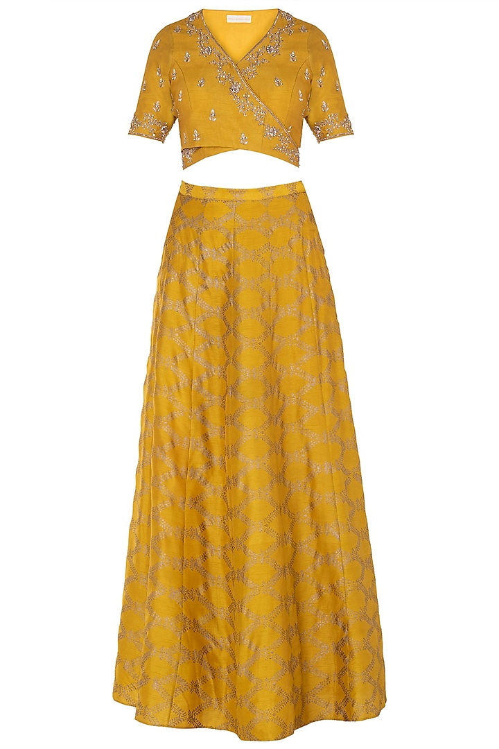 Mustard Embroidered Crop Top with Skirt and Dupatta by Himani And Anjali Shah