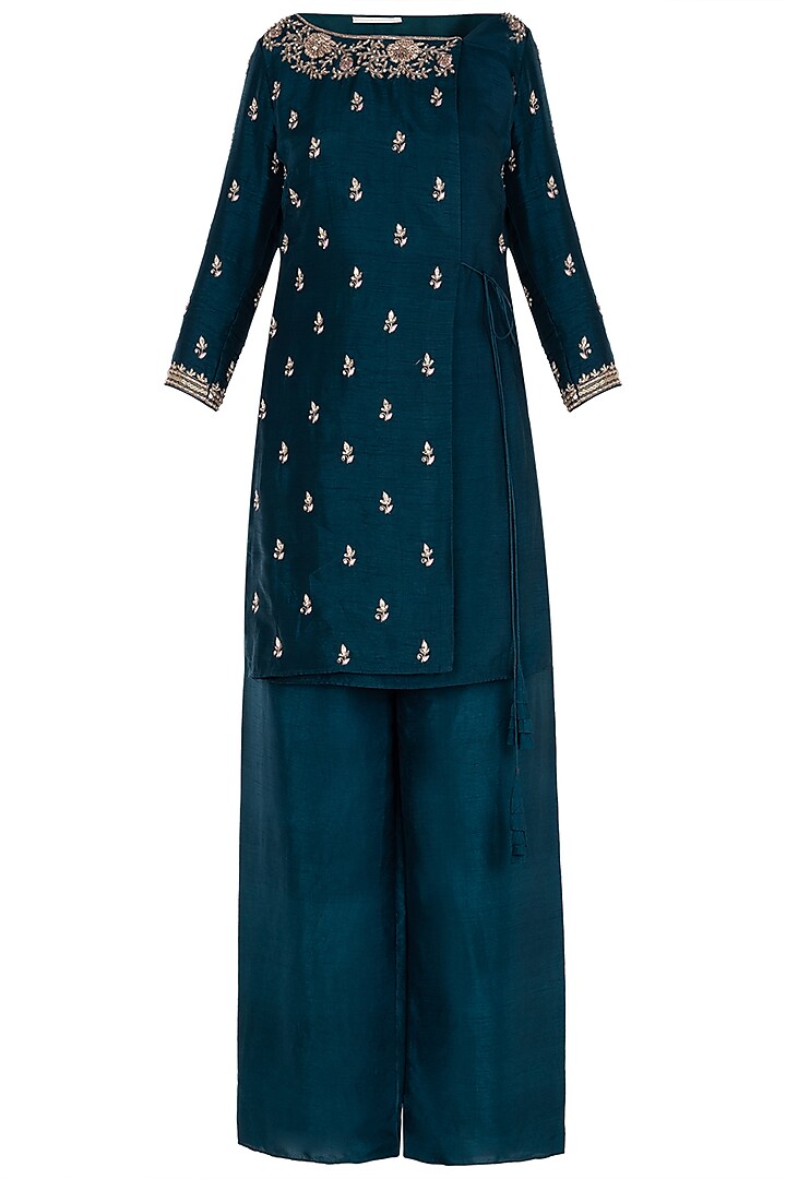Cobalt Overlap Kurta with Flared Pants by Himani And Anjali Shah