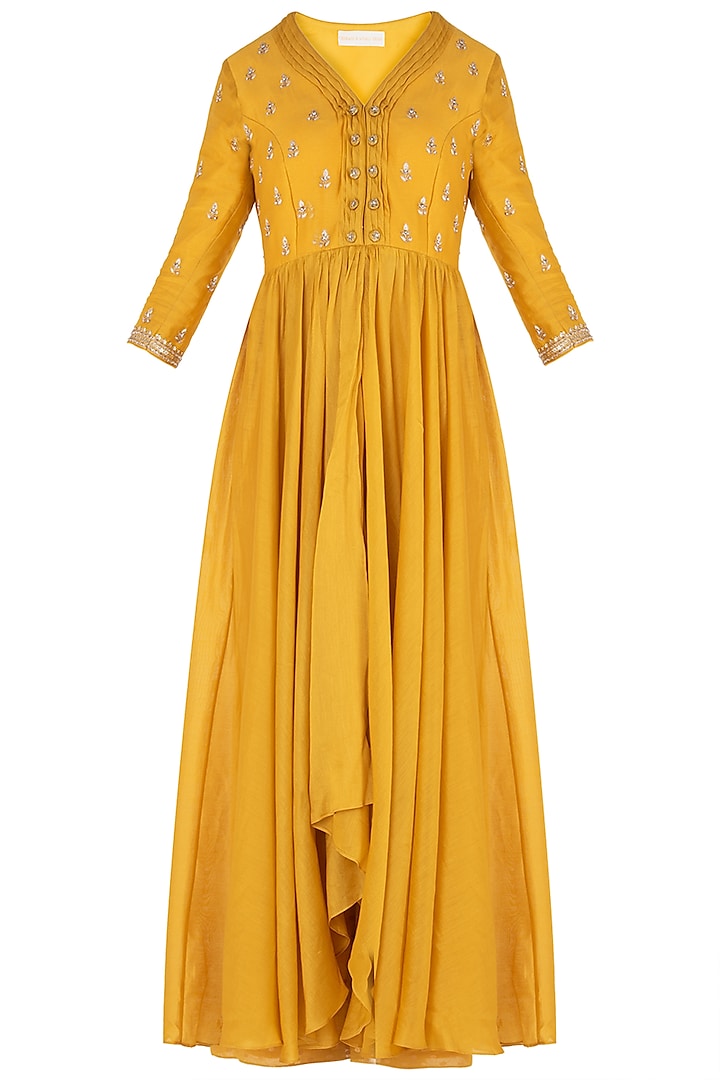 Mustard Embroidered Anarkali with Pants by Himani And Anjali Shah