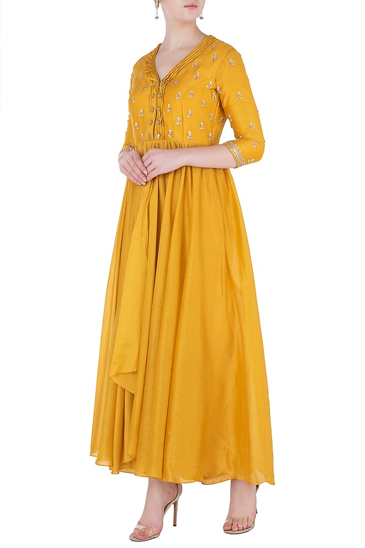 Mustard embroidered anarkali with pants available only at Pernia's Pop Up Shop.