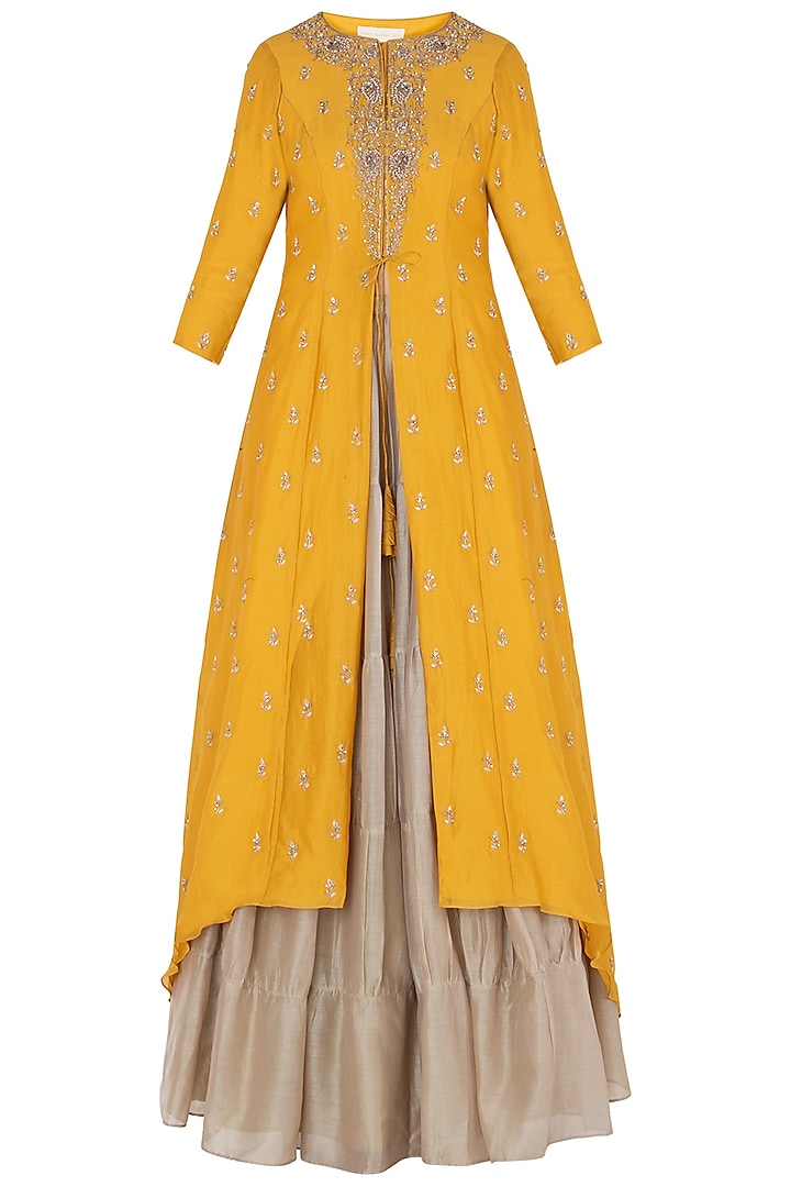 Mustard Front Open Jacket with Skirt by Himani And Anjali Shah
