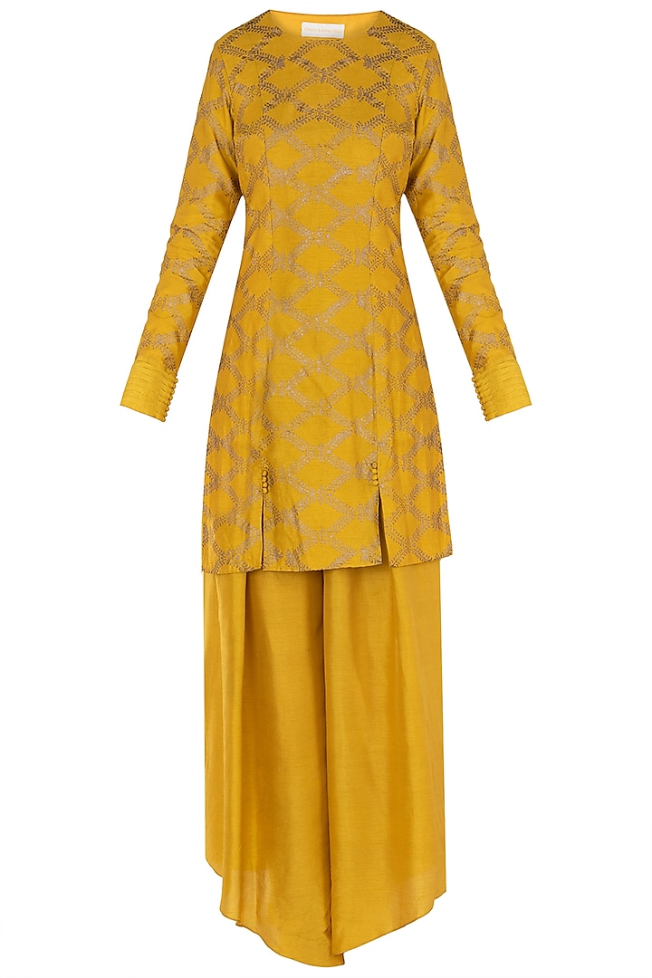 Mustard Embroidered Kurta with High Low Pants by Himani And Anjali Shah