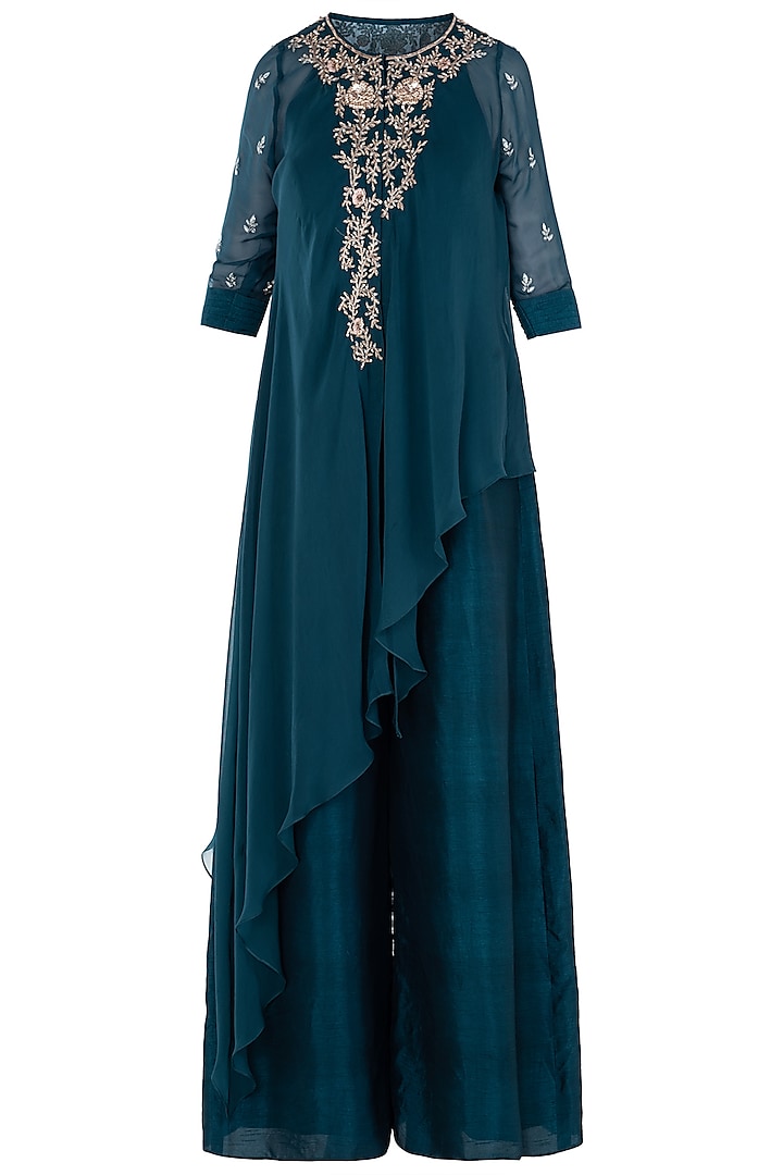 Cobalt blue embroidered jumpsuit with cape by Himani And Anjali Shah